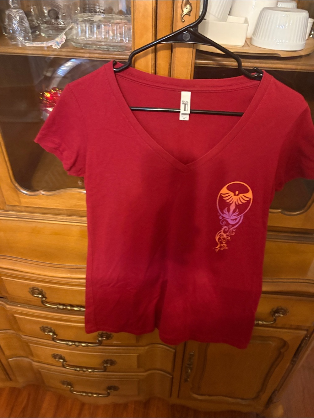 Ideal Women's V-Neck Short Sleeve Tee - Red with Phoenix Accent